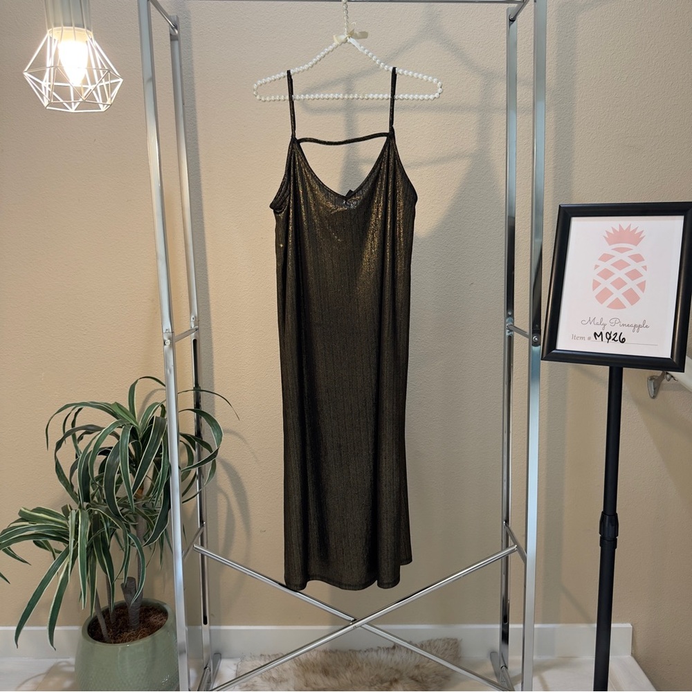Lumiere size L metallic gold spaghetti straps stretch midi side leg slit dress